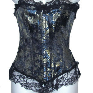 BLUE & GOLD SATIN BROCADE  CORSET/BUSTIER